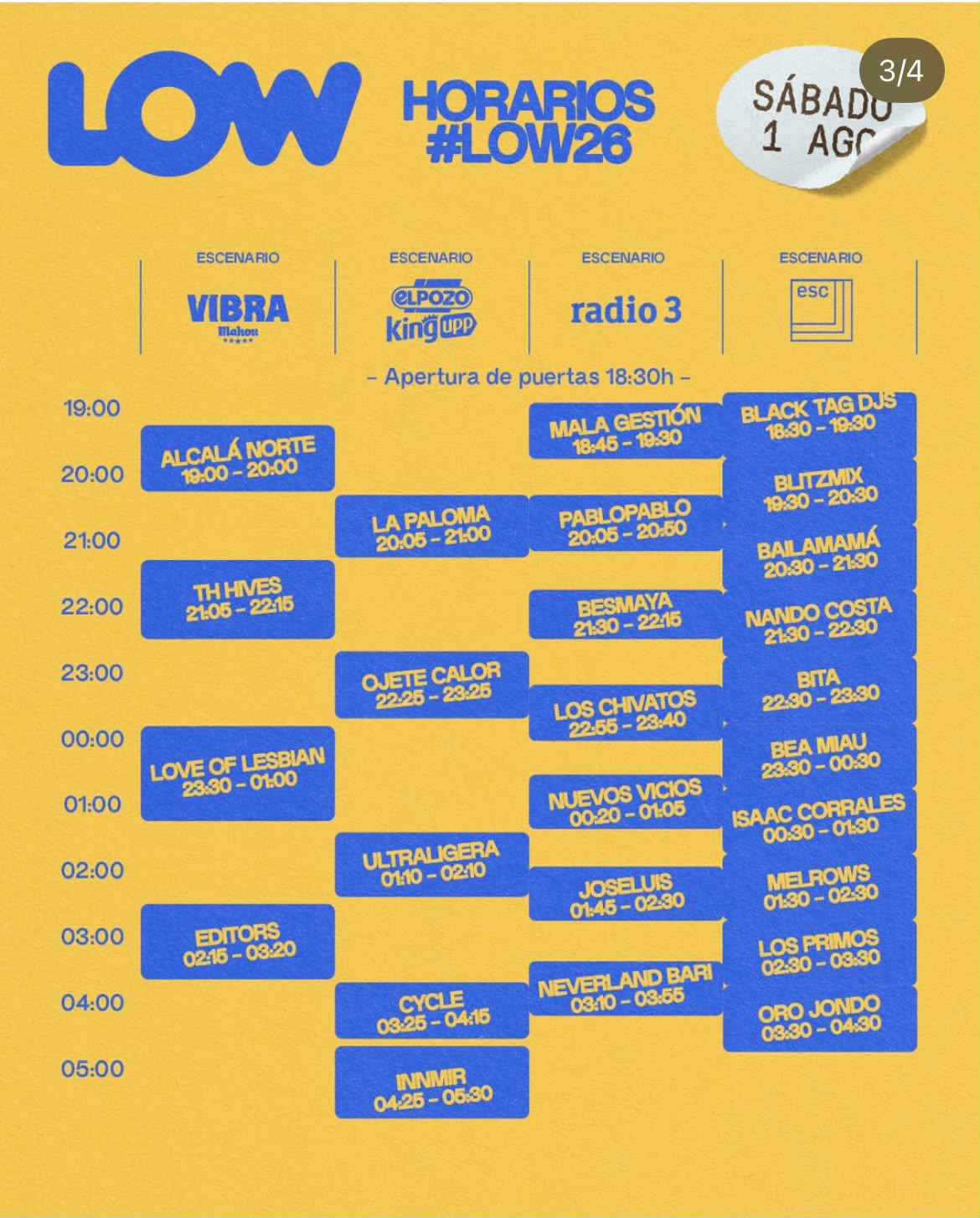 Horario Sábado 1 de agosto