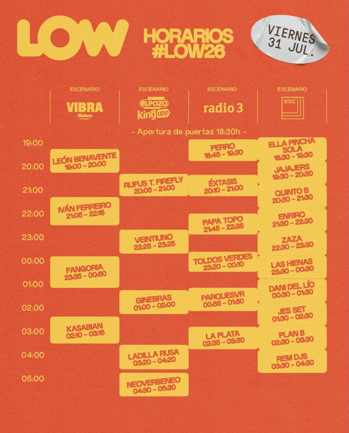 Horario Viernes 31 de julio